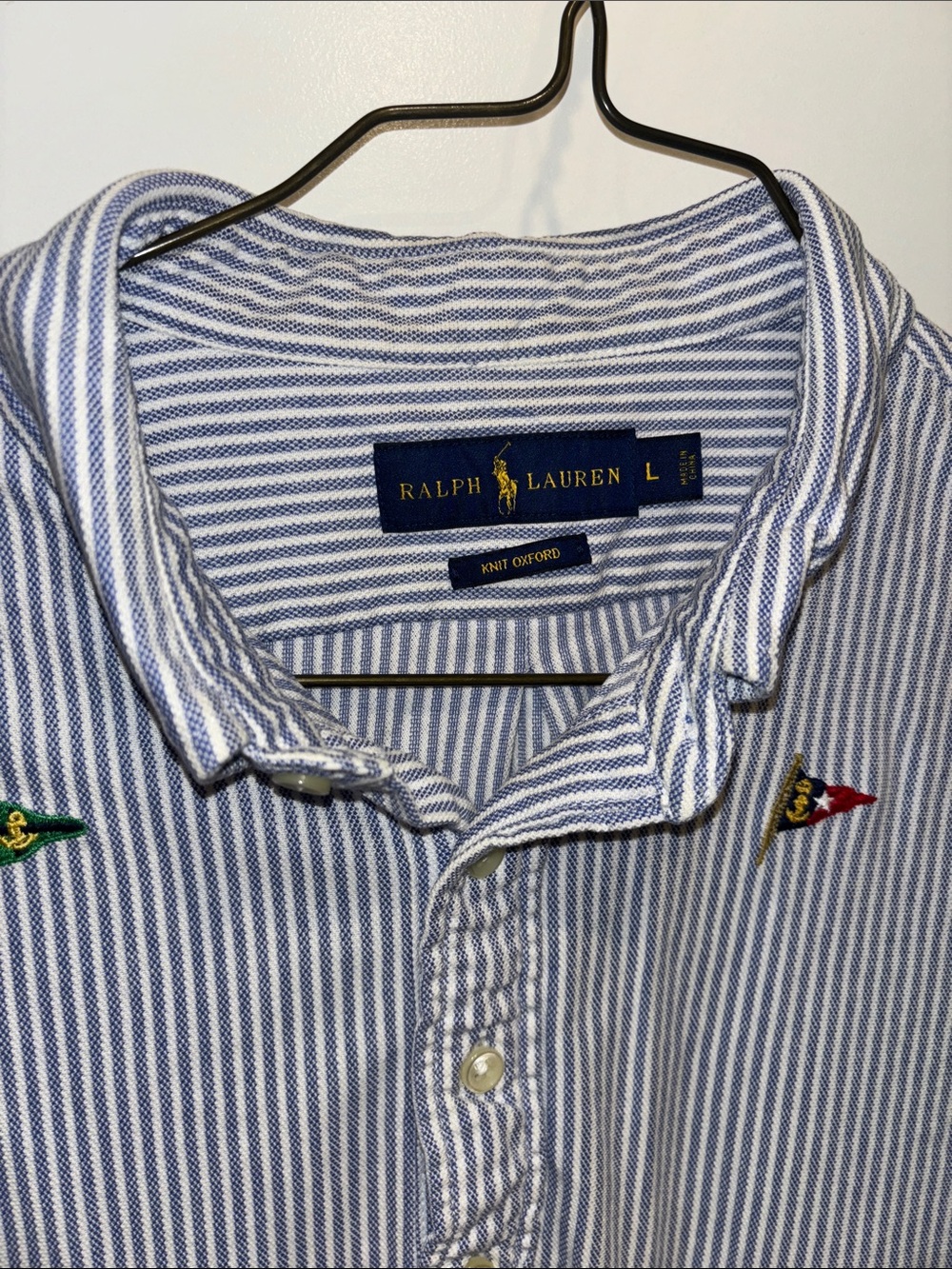 Polo by Ralph Lauren Blue Striped Short-Sleeve Polo with Embroidered Flags